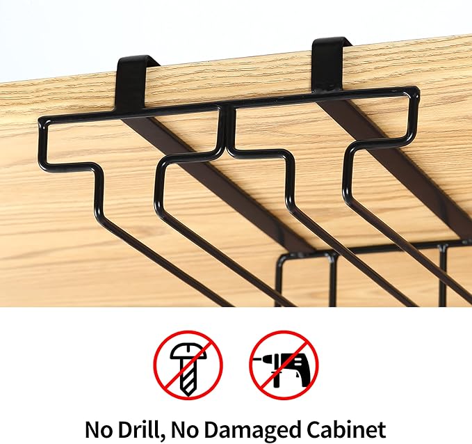 Wine Glass Rack Under Cabinet Drilling Free No Screw Steamware Holder Under Shelf Metal Wine Glasses Holders 304 Stainless Steel Hanger Storage Organizer Hanging Glass Fit for Bar Kitchen 3 Rows Black