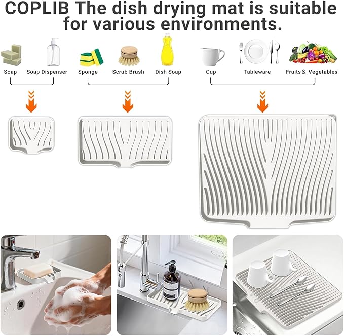 Silicone Dish Drying Mat for Kitchen Counter, Dish Drying Pad, Non-Slip Drain Pad with Built-in Drain, Heat Resistant Stone Drying Mat,Cream-1Set-XL