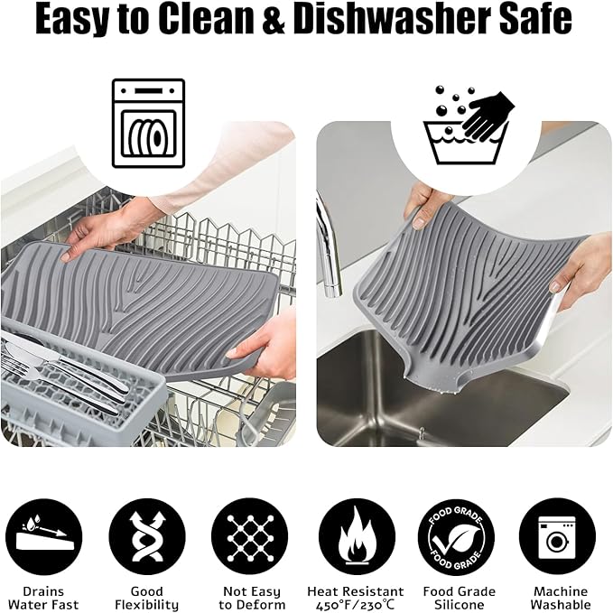 Silicone Dish Drying Mat, Stone Drying Mat for Kitchen Counter with Built-In Drain, Non-Slip Drain Pad with Built-in Drain, Heat Resistant Stone Drying Mat, Hangable, Grey-2pcs, 20" x 15"