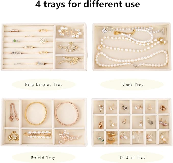 Velvet Jewelry Organizer for Drawer, Stackable Jewelry Drawer Inserts in Dresser, 8in Beige Storage Display Case for Rings Stud Necklaces Accessories, Set of 4