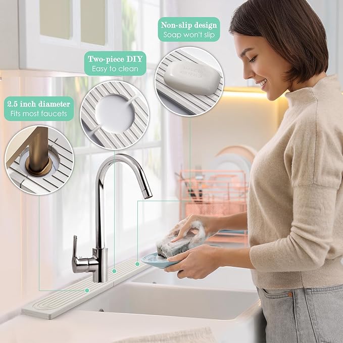 Stone Faucet Mat for Kitchen Sink, Diatomite Drying Stone Tray & Sink Protector, Water-Absorbing Splash Guard, Prevent Moisture on Kitchen & Bathroom Counter (White,23.6" x 3.9")