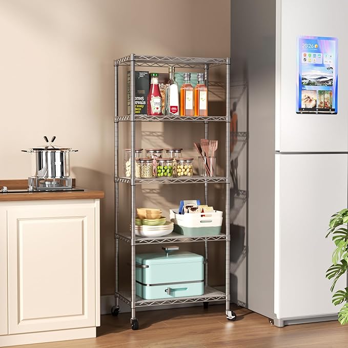 SINGAYE 5 Shelf Storage Wire Shelves Closet Bathroom Organizers Metal Pantry Kitchen Garage Shelving Unit Laundry Room Organization Home Narrow Rack Net Basket with Wheels White