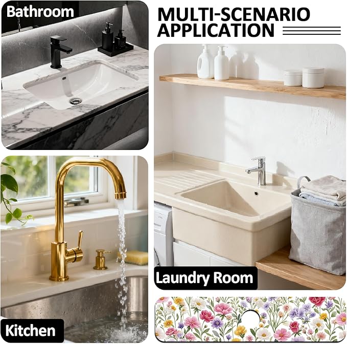 2 Pcs Kitchen Sink Splash Guard Faucet Mats Colorful Watercolor Flowers and Plants Pattern Faucet Mat for Sinks Absorbing Drying Mat for Kitchen Bathroom, 23.6x5.5inch