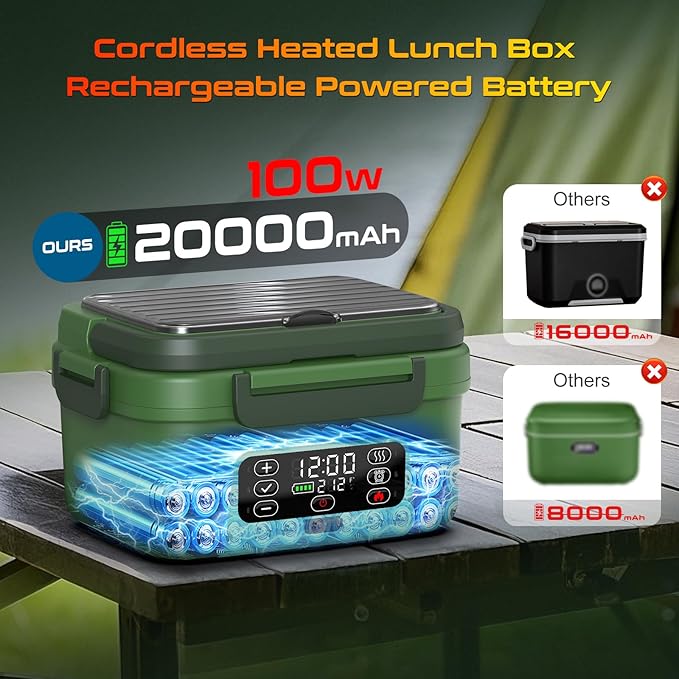 Cordless Electric Heated Lunch Box, XL 6.3Cups Rechargeable Food Warmer Lunch Box with Self Heating, Smart Timer, Adjustable Temperature, Leakproof, BPA Free, Removable Divider Green