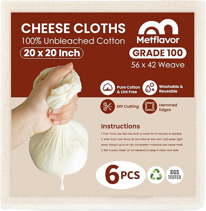 6Pcs Reusable Cheesecloth for Straining 20x20 Inch,100 Grade Cheese Cloths Hemmed 4 Edges, 100% Unbleached Cotton Cheese Cloth,Ultra-Dense Cloth Strainer for Yogurt/Nut Milk/Baking Making 56x42 Weave
