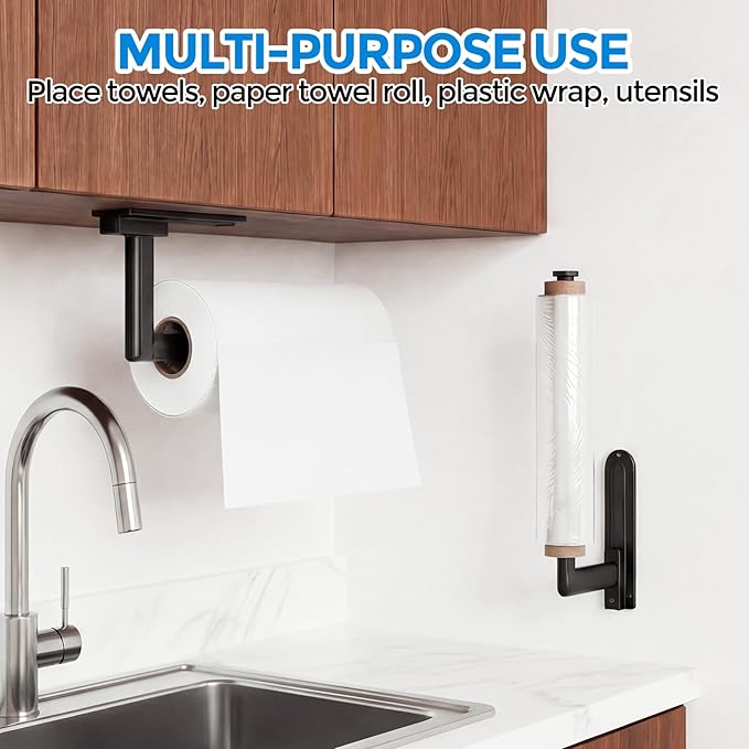 zaa Paper Towel Holder Under Cabinet - Self Adhesive or Drilling Paper Towel Holder Wall Mount, One Hand Tear Black Towel Holder for Kitchen Organization, Bathroom, Sink, Pantry, Fridge, RV