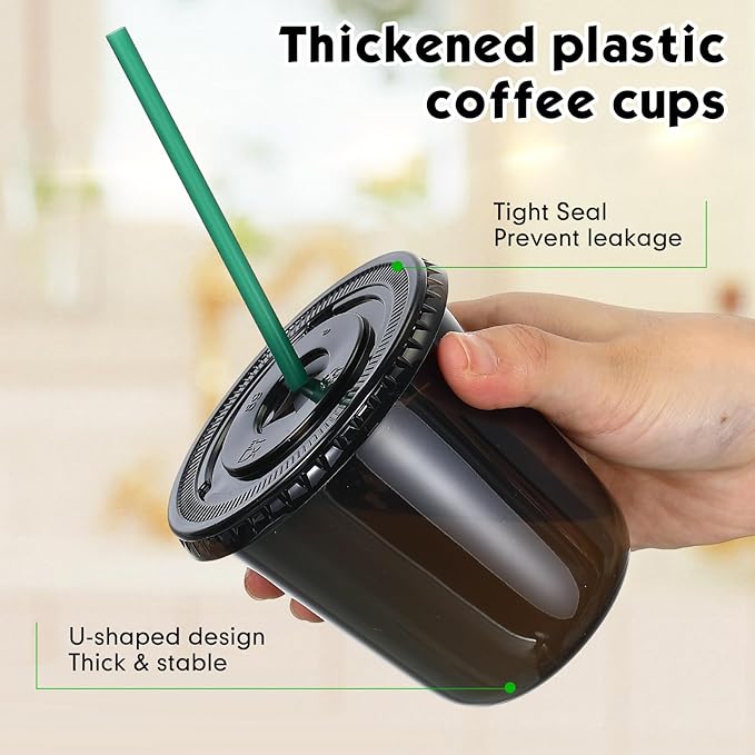 Baderke 25 Set Plastic Cups with Lids and Straws, Disposable Plastic Iced Coffee Cup for Cold Beverage Juice Smoothie Crystal for Coffee Shops Party Catering (Black,12 oz)