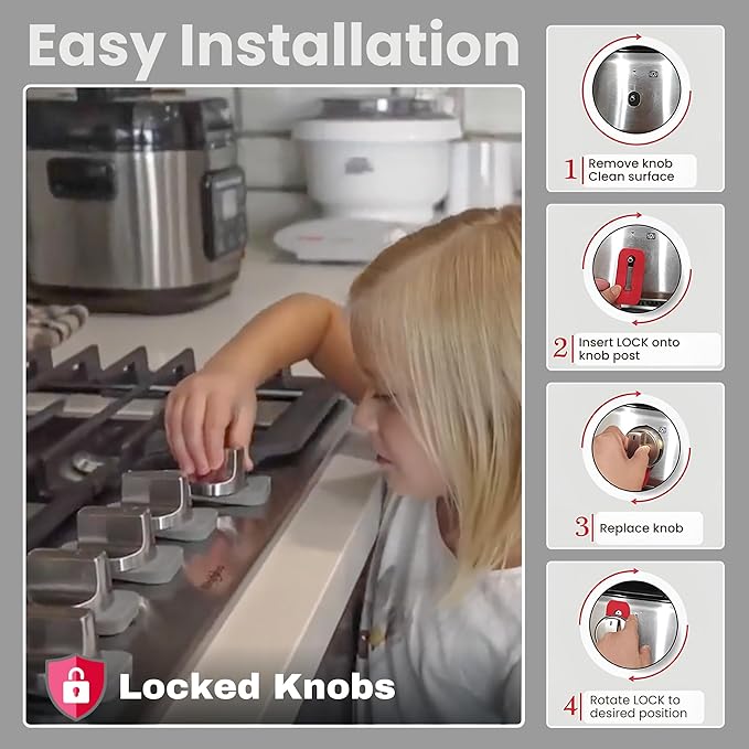 2025-26 Mom's Choice Winner- Gas Stove Knob Locks Thick Gray Silicone Stove Knob Safety Covers for Toddlers Pets - Child Proof Universal Size Knobs - Baby Proofing Protectors for Electric Stoves- 5Pcs