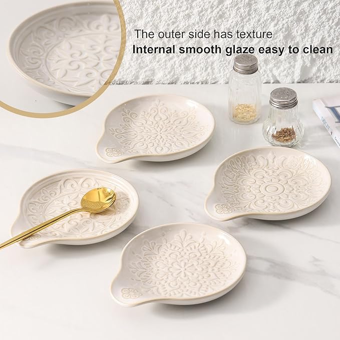 Farmhouse Ceramic Spoon Rests Holder for Kitchen Counter Stove Top (White-A1)