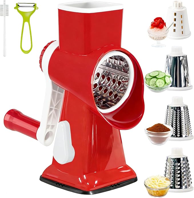 KalraMay Rotary Cheese Grater with Handle, Multifunctional Kitchen tool, Stainless Steel Rotary Grater Slicer for Fruit, Vegetables, Nuts (Red)