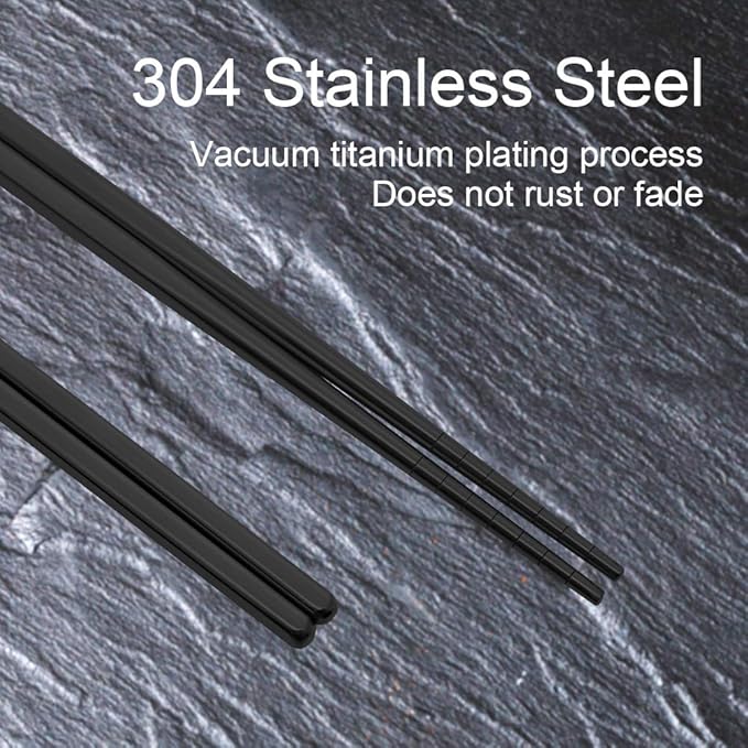 Stainless Steel Chopsticks Reusable Multicolor Lightweight 304 Metal Chopsticks Dishwasher Safe - 5 Pairs (Black)