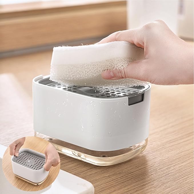 RUFCRIL Soap Pump Dispenser and Sponge Holder, 10oz / 300ml Dish Soap Dispenser for Kitchen,White