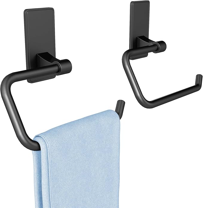 2-Piece Towel Ring, Adhesive Hand Towel Holder for Bathroom, Modern Style Towel Hangers Wall-Mounted Hand Towel Rack for Bathroom, Matte Black