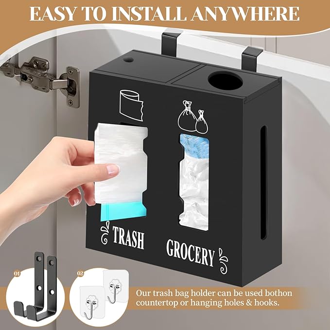 2 in 1 Trash Bag Dispenser and Grocery Bag Holder, Large Wooden Trash Bag Holder,Trash Bag Dispenser for Grocery Bags and Plastic Bags,Kitchen Cabinet Under Sink Organizers and Storage