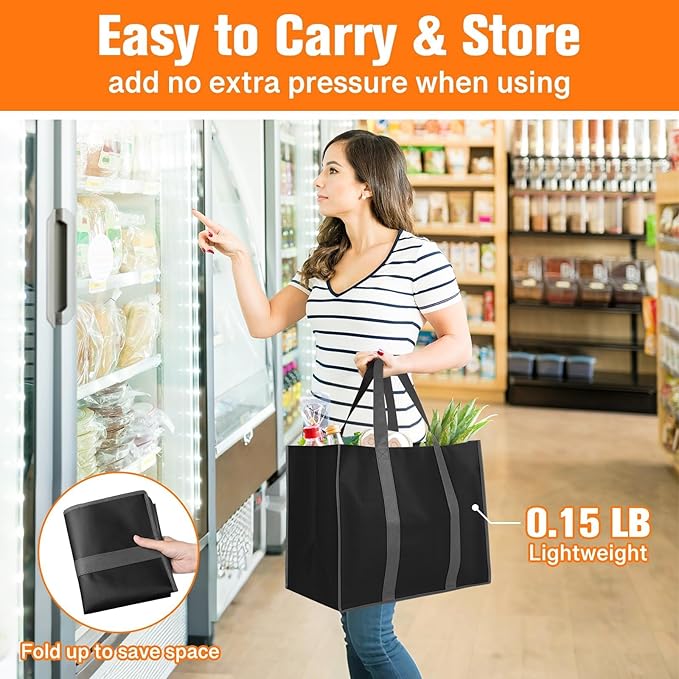 WISELIFE Reusable Grocery Bags with Handles - 6 Pack, 35L Large Shopping Bags for Groceries, Water-Resistant & Foldable Grocery Totes for Lasting Use for Kitchen, Market, Car Trunk, Picnic (Black)