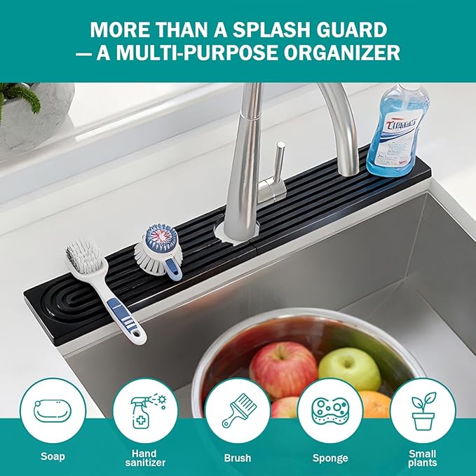 PEKER Teak Wood Faucet Mat for Kitchen Sink 23.6" – Natural Teak Sink Splash Guard Tray, Water-Resistant Wooden Sink Drip Catcher & Organizer for Kitchen & Bathroom Counter