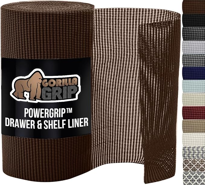 GORILLA GRIP powerGRIP Drawer Shelf and Cabinet Liner, Thick Strong Hold, Non-Adhesive Liners Protect Kitchen Cabinets and Cupboard, Bathroom Drawers, Easy Install, Breathable Mat, 12" x10', Chocolate