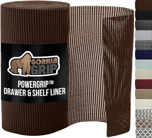 GORILLA GRIP powerGRIP Drawer Shelf and Cabinet Liner, Thick Strong Hold, Non-Adhesive Liners Protect Kitchen Cabinets and Cupboard, Bathroom Drawers, Easy Install, Breathable Mat, 20" x10', Chocolate