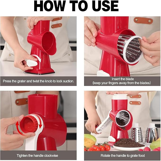 KalraMay Rotary Cheese Grater with Handle, Multifunctional Kitchen tool, Stainless Steel Rotary Grater Slicer for Fruit, Vegetables, Nuts (Red)
