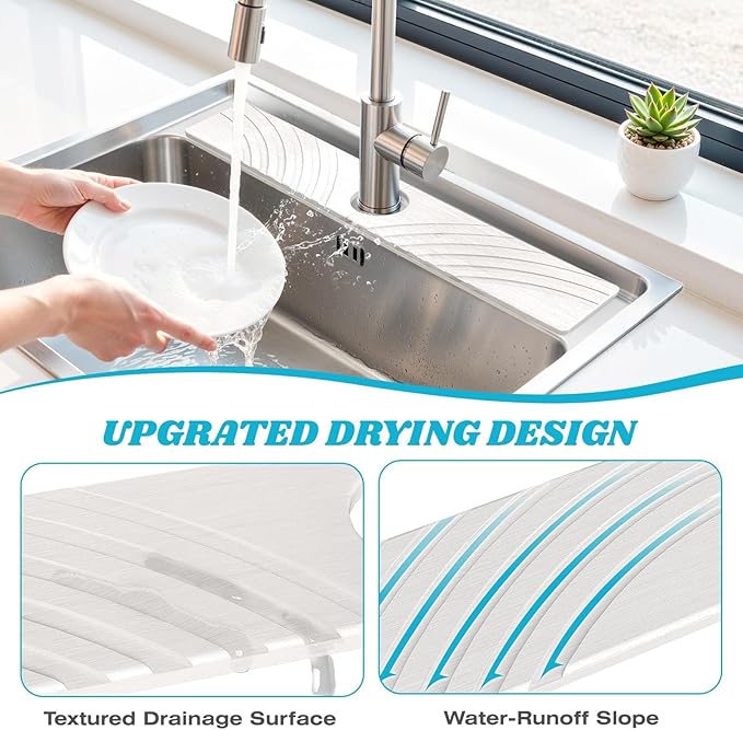 Stone Faucet Mat for Kitchen Sink - Fast Drying Diatomite Stone Drying Mat, Textured Drainage Sink Protector, Water Splash Guard with Base Pads for Bathroom Counter (23.7x4 in, White)