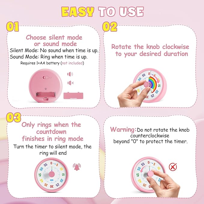 HIPPIH Visual Timer for Kids, 60 Minute Countdown Timers for Classroom Kitchen Office, Rainbow Disk Desk Timer Clock with Silent Operation, Pomodoro Timer Time Management Tools for Toddler ADHD Pink