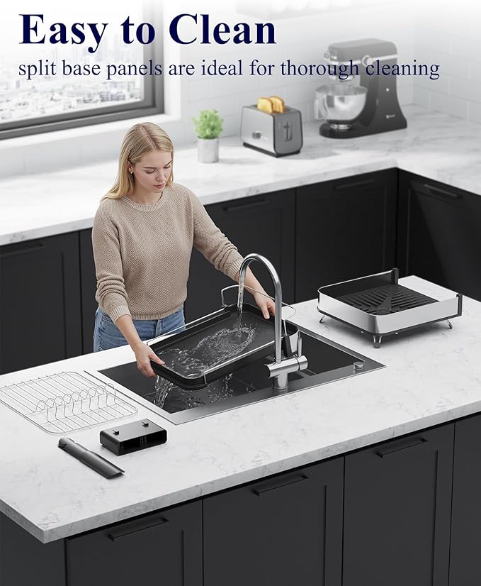 Kitsure Dish Drying Rack - Expandable Stainless Steel Dish Racks for Kitchen Counter, Auto-Drain Drying Rack for Kitchen with Cutlery Holder & Non-Slip Feet, 16.1-26.6" L x 12.6" W, Black