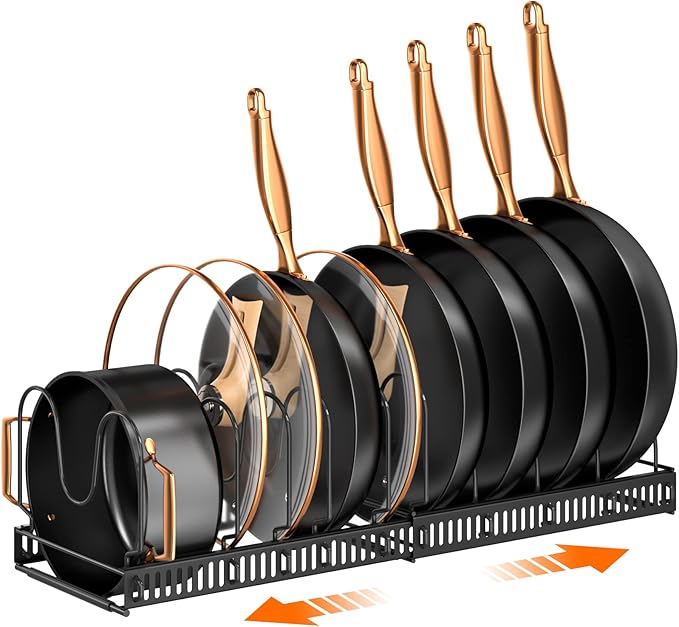 MUDEELA Pots and Pans Organizer Rack for under Cabinet, Expandable 11.81''-22.85'' Pot Lid Kitchen Cabinet Organizer Holder with 10 Adjustable Compartment Cutting Board Organizer for Pan Lid, Bakeware