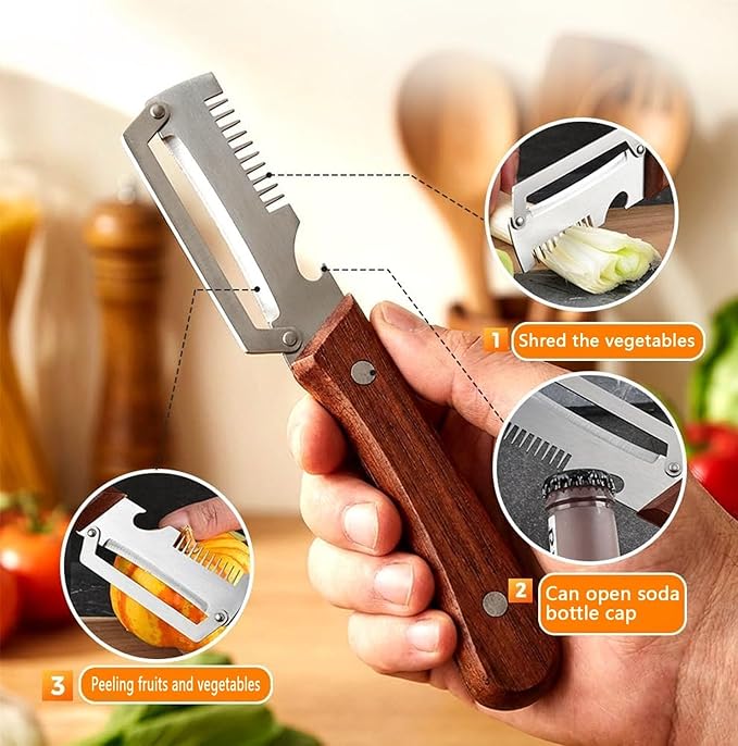 Multifunctional Vegetable Peeler with Wooden Handle and Bottle Opener, Stainless Steel Peelers for Kitchen, Multi Functional Vegetable Peeler for Fruit Potato Carrot Pumpkin Zucchini（1-PACK）