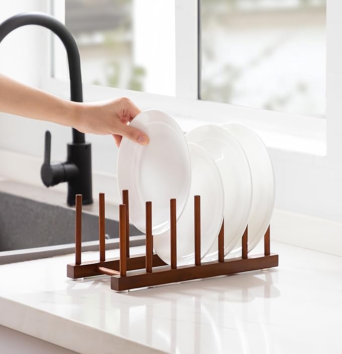 HBlife 4pcs 6 Slots Teak Dish Plate Bowl Cup Book Pot Lid Cutting Board Drying Rack Stand Drainer Storage Holder Organizer Kitchen Cabinet（Keep Dry）