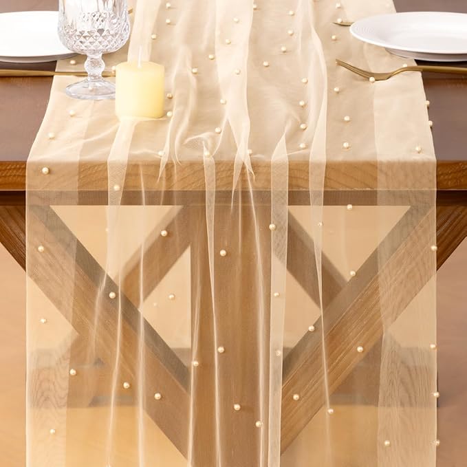 Socomi Pearl Table Runner Tulle Summer Cheesecloth 10FT Gauze Cheese Cloth Sheer Chiffon Wedding Birthday Party Baby Shower Bridal Anniversary Holiday Centerpiece Table Decor 3pcs Peach