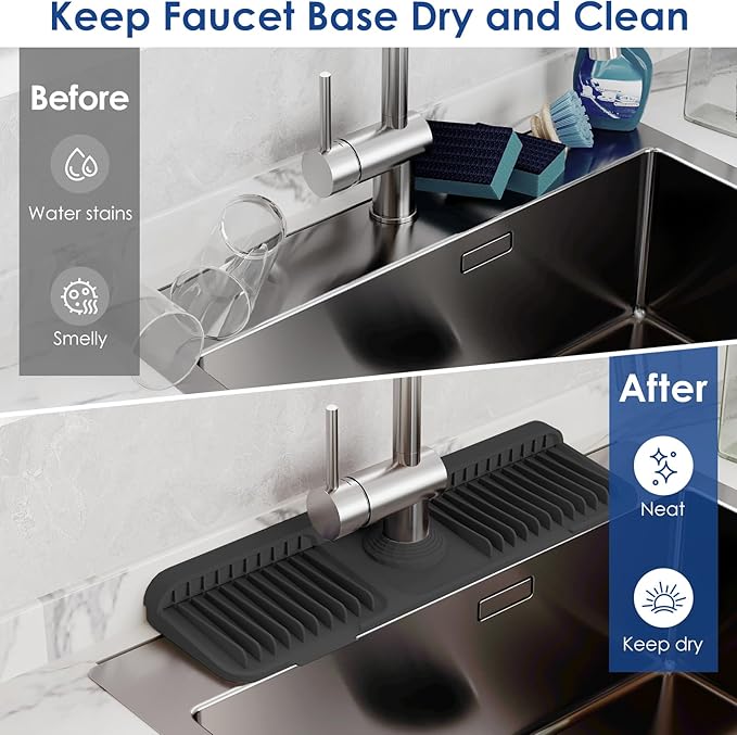 17.7 Inch Silicone Faucet Mat for Kitchen Sink Splash Guard - 7° Slope Upgraded Water Draining Mat with Fasten Button for Bathroom Area(Black, 17.7''x5.5'')