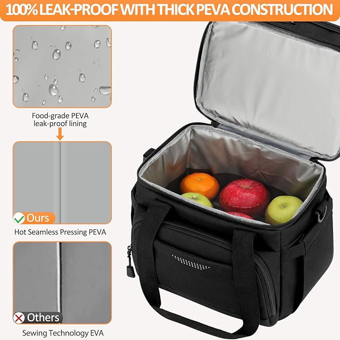 Vankor Lunch Box for Men Women, Large Double Layer Insulated Lunch Bag Tote Expandable Leakproof Waterproof Cooler Bag with Adjustable Shoulder Strap for Work Office Picnic Travel, Black