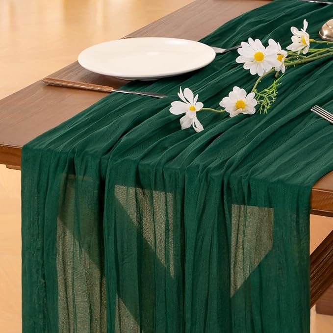 Socomi 2pcs Emerald Green Cheesecloth Table Runner Summer Boho Rustic Gauze 120 inch 10FT Cheese Cloth Sheer Runner for Wedding Party Baby Shower Birthday Home Decor Holiday Decorations