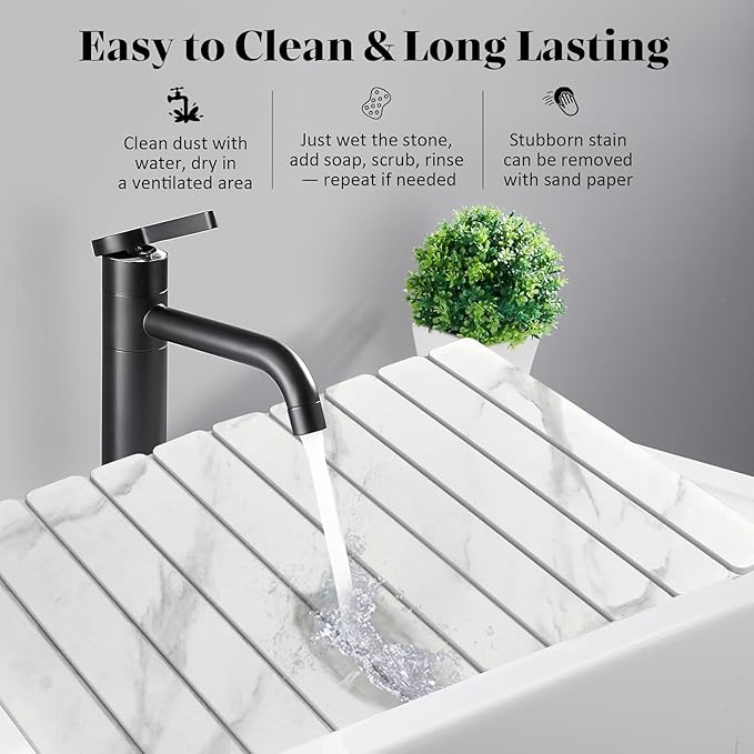2 PCS Large Stone Dish Drying Mat for Kitchen Counter, 24"×16" Marble Dish Drying Mat with 8"x 4" Coasters, Non - Slip Collapsible Absorbent Mat for Multi - Purpose, Match Any Countertop【White】