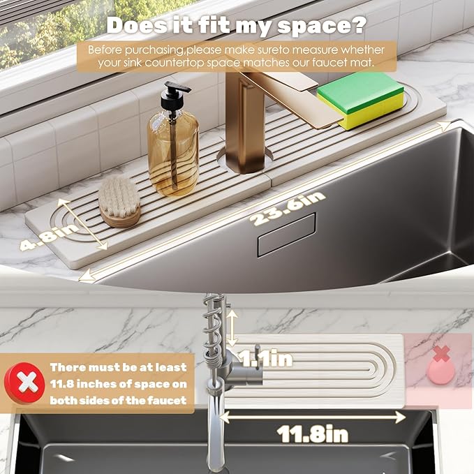 23.6''x4.8''Long Stone Faucet Mat for Kitchen Sink,Diatomite Quick Dry Kitchen Sink Splash Guard,Drying Stone Sink Tray,Super Absorbent,Sink Stone Quick Dry Around Faucet For Bathroom Counter-White