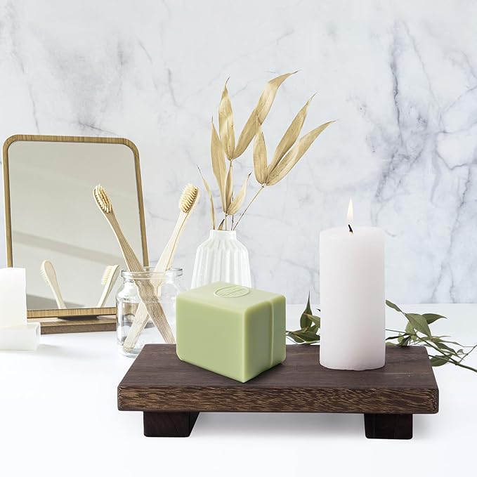 Small Wood Tray Pedestal Stand Farmhouse Bathroom Decor Decorative Wooden Riser Kitchen Soap Dish Holder for Vanity, Counter, Sink, 9" x 6"