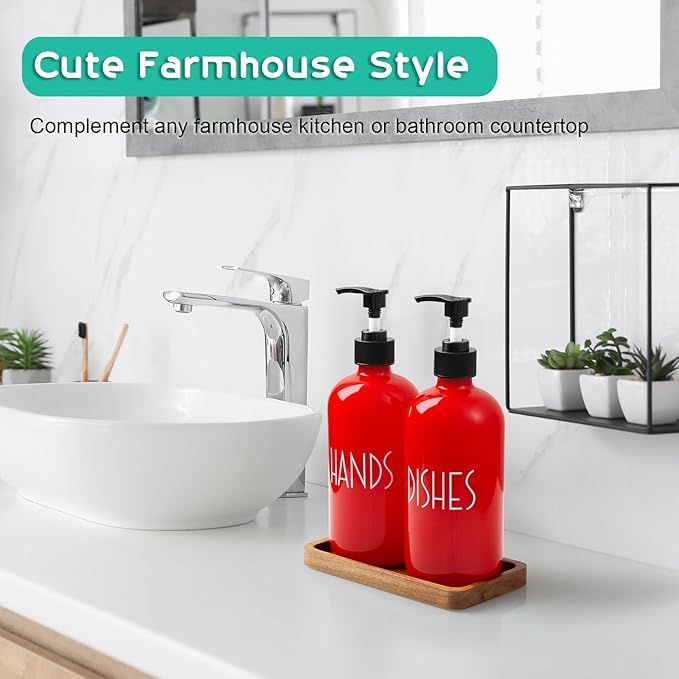 ALELION Dish Soap Dispenser for Kitchen - 16 OZ Glass Hand Soap Dispenser Set with Acacia Wood Tray - Red Kitchen Bathroom Decor and Accessories