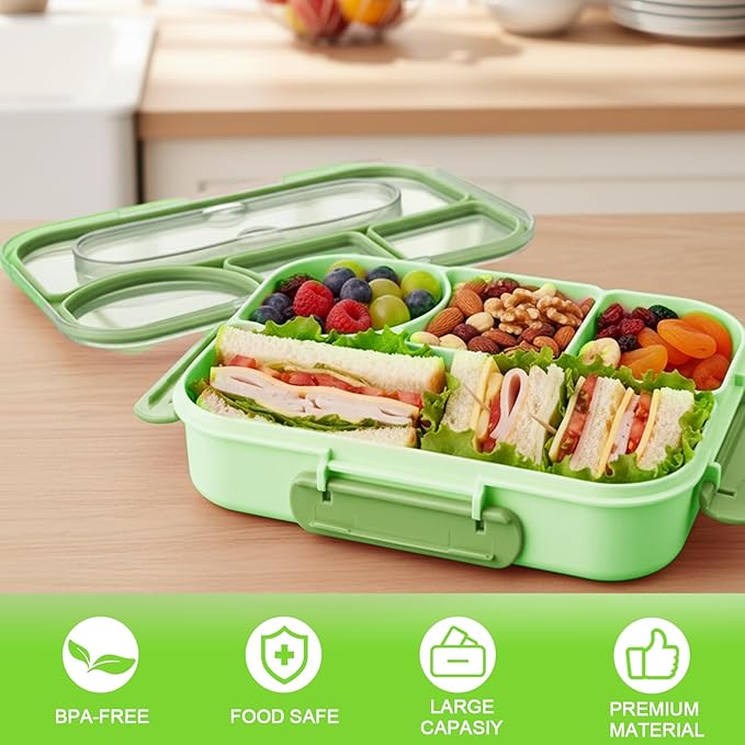 Bento Box for Adults,4 Compartments Lunch Box, Snack Containers Reusable Lunch Containers Drop-Proof, Dishwasher Safe & Made with BPA-Free Materials, Green