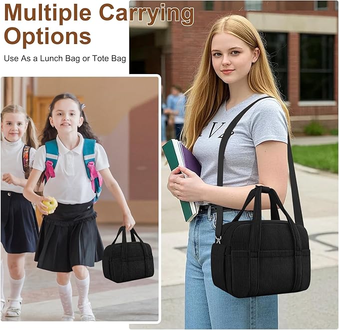 KUBYA Corduroy Lunch Box Lunch Bag for Women Men, Cute Strawberry Small Insulated Reusable Work Leakproof Simple Lunch Boxes Tote Bag Adults Cooler Bag