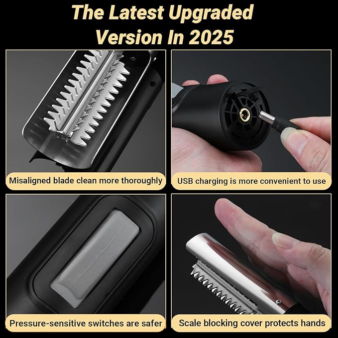 Electric Fish Scaler, Fish Scale Remover with Stainless Steel Roller Blade, Built-In Rechargeable Battery, Professional Fish Descaler Tool for Chef and Home Cooks Fish Cleaning Tools