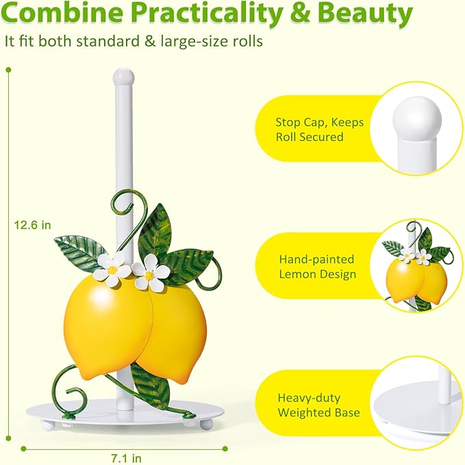 Lemon Paper Towel Roll Holder Countertop - Lemon Housewarming Gifts for Women, Farmhouse Kitchen Decor and Accessories, Vintage Home Yellow Kitchen Counter Decor, 3D Handmade Pattern, Weighted Base