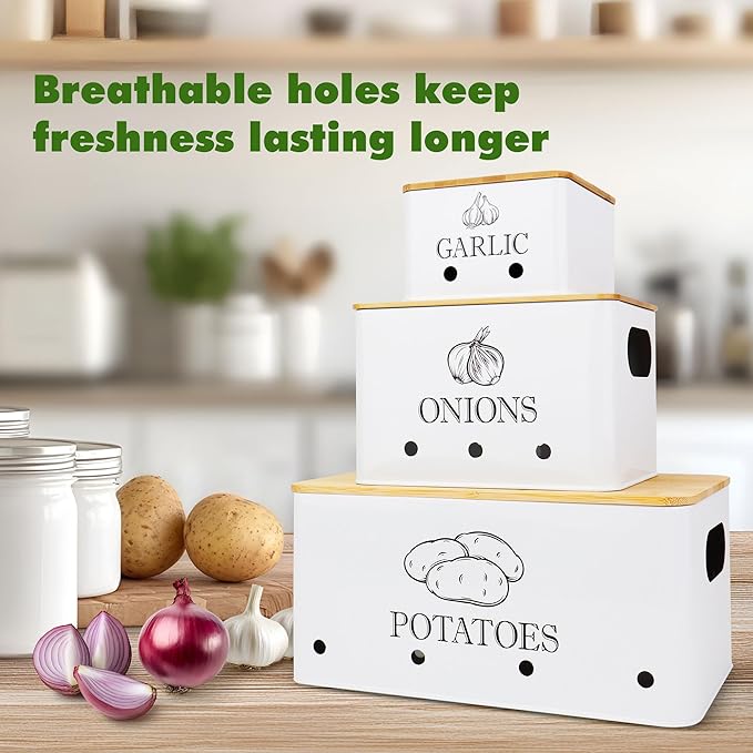 Kitchen Metal Vegetable Storage Bins,Metal Potato Onion Garlic Storage Set of 3 with Aerating Holes and Bamboo Lids,Farmhouse Canisters Sets for the Kitchen Countertop (1, Rectangular)