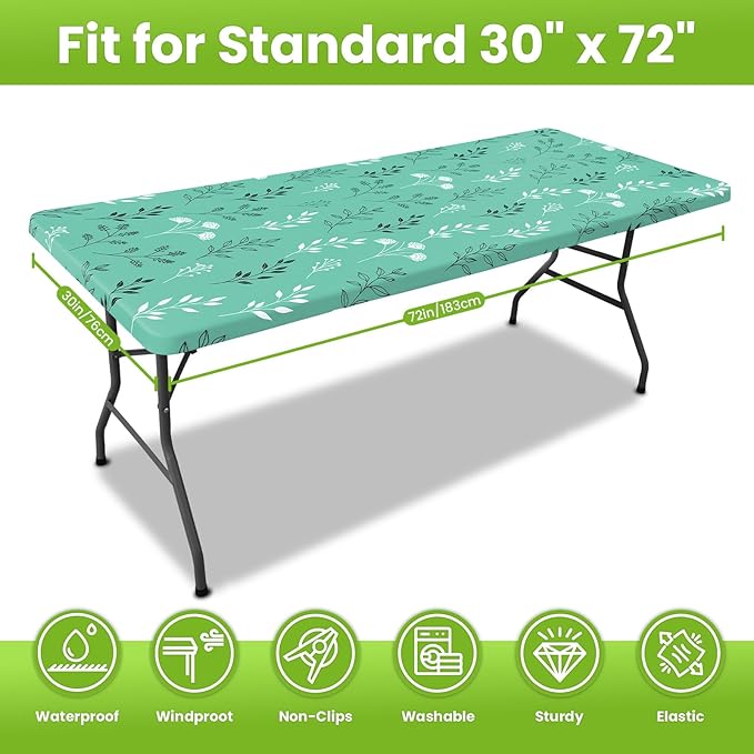 Smiry Spandex Fitted Tablecloth for 6 Foot Rectangle Tables, Washable Picnic Table Cover with Elastic, Stretch Reusable Table Cloth for Outdoor, Camping, Dining & Kitchen (Sage Green Leaf, 30"x72")