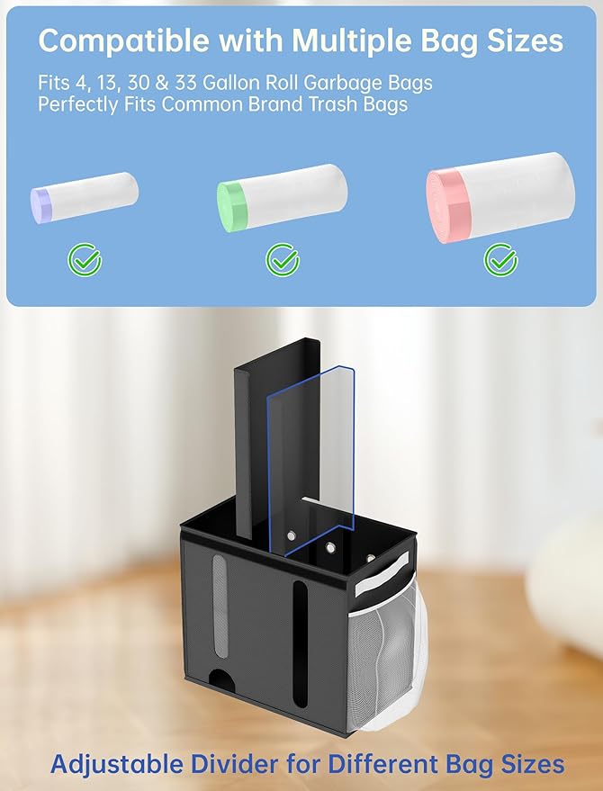 NiHome 2-in-1 Nonwoven Fabric Trash Bag Dispenser & Grocery Bag Holder, Large Adjustable Organizer for 4-33 Gallon Rolls, Wall-Mounted or Countertop Use, Multi-Purpose for Kitchen, Bathroom (Black)