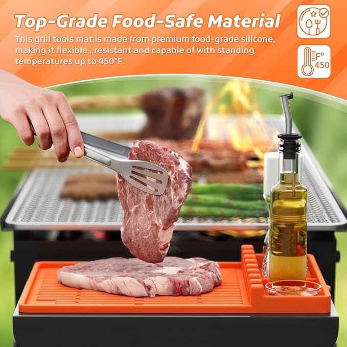 MealHelper Silicone Griddle Tools Mat, Grill Mat for Outdoor Grill with Seasoning Jars Holder, Side Shelf Pad for Grilling Accessories, BBQ Tool Rest, Kitchen Aid Accessories and Attachments(Orange)