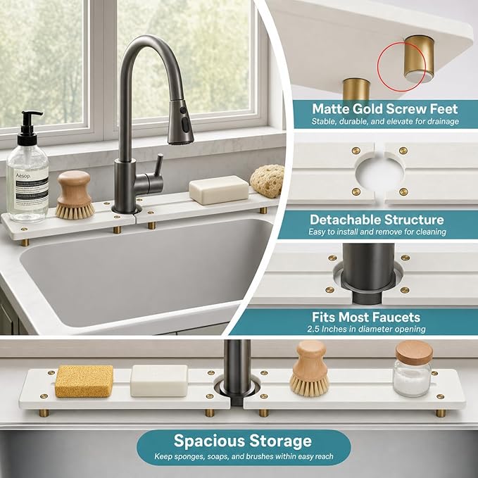 Stone Faucet Mat for Kitchen Sink, Water Absorbing Sink Tray Organizer for Bathroom Counter, Diatomite Soap Dish Coaster Caddy Riser, Sponge Holder Dispenser Mat, Gold White 23.6" x 4"