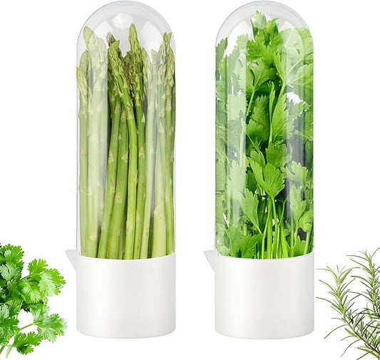 Fresh Herb Saver Cilantro Storage Containers for Refrigerator, Transparent Herbs Saver fits Fridge Asparagus Parsley Mint Leaves, Keeps Greens Vegetables for 2-3 Weeks(SIZE:2 pcs)