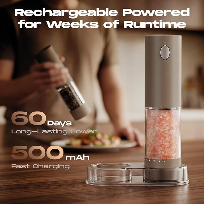 Electric Salt and Pepper Grinder Set, Rechargeable Automatic Salt and Pepper Shaker with 6 Adjustable Coarseness, Large-Capacity Pepper Mill Kitchen Appliances Gifts for Women(Brown）