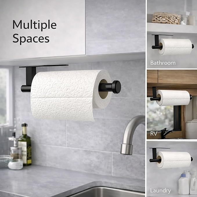 Paper Towel Holder, Self Adhesive or Screw Mounting, Black Wall Mount SUS304 Stainless Steel Paper Towel Holder Under Cabinet for Kitchen, Counter, Cabinet, Bathroom