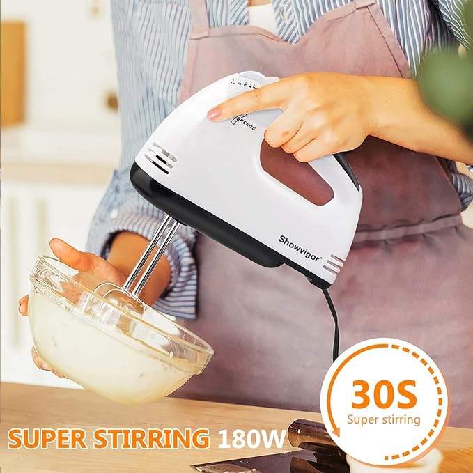 Showvigor Electric Hand mixer - 7 Adjustable Speed 180W Handheld Mixer Electric Whisk with 5 Stainless Steel Accessories, Turbo Boost/Self-Control Speed + Eject Button Food Beater for Cakes Eggs